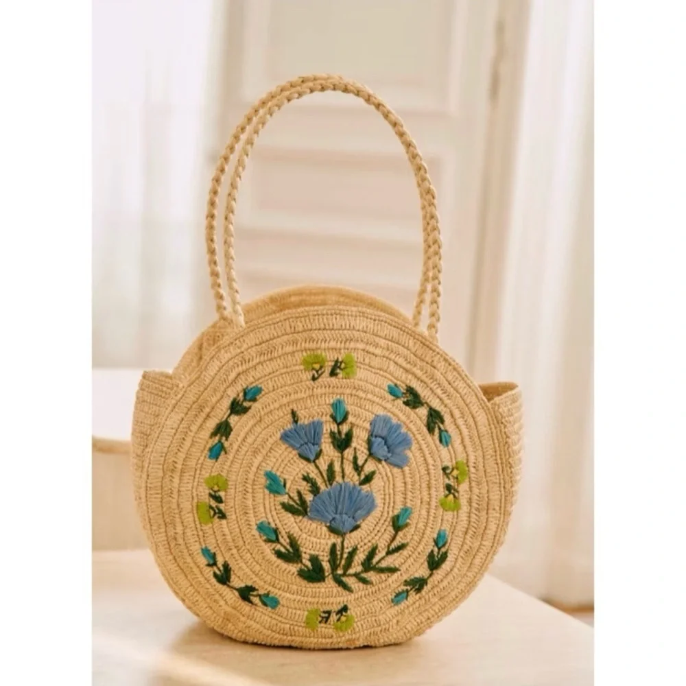 NEW Sezane Basket June Raffia embroidery flowers bag